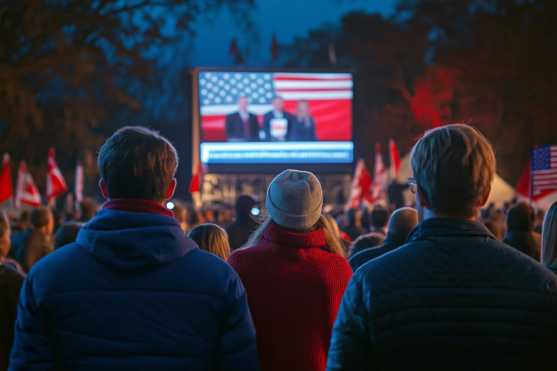 A diverse crowd watching election results